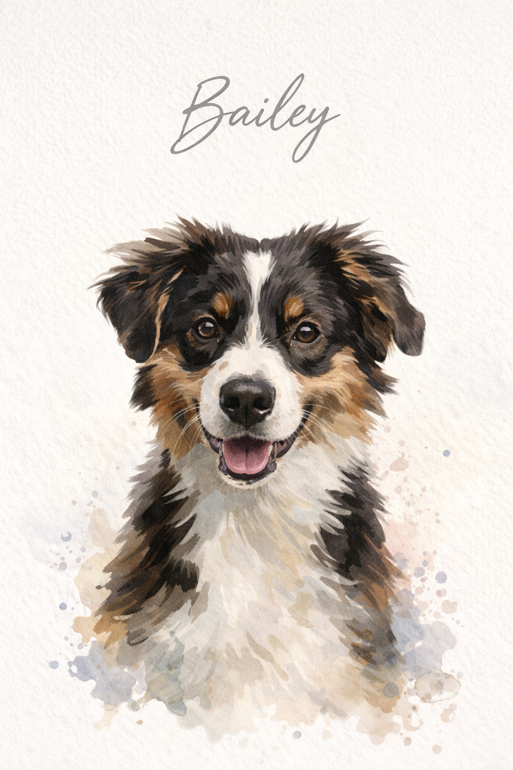 Watercolor style reference showing a tricolor dog with Bailey written above on a textured white background
